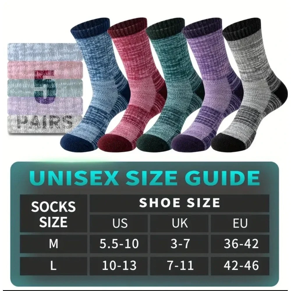 Unisex Merino 70% Wool Mid-Crew Anti-Blister Hiking Socks 5.5 -10 Multi Colors